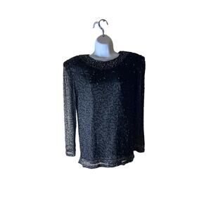 Sweelo Vintage 100% Natural Silk Black Iridescent Beaded Blouse Size Small